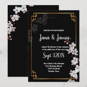 white Cherry Blossoms &golden Frame wedding Invitation