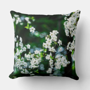 White Cherry Blossoms Green Leaves Throw Pillow