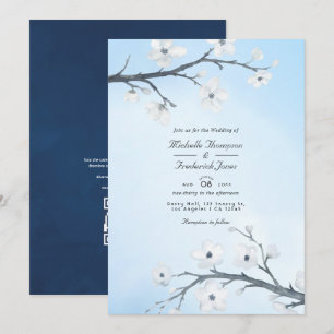 White Cherry Blossoms  QR Code RSVP Wedding Invitation