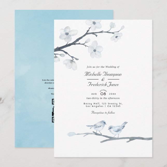 White Cherry Blossoms QR Code RSVP Wedding Invitation (Front/Back)