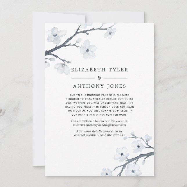 White Cherry Blossoms Reduced Wedding Guest List Announcement (Front)