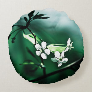 White Cherry Blossoms Round Pillow