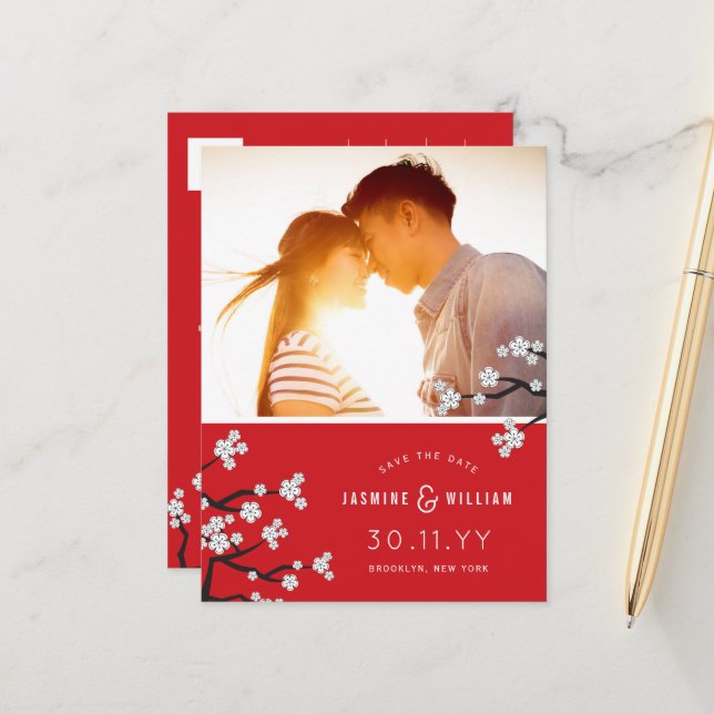 White Cherry Blossoms Sakura Photo Save The Date Announcement Postcard (Front/Back In Situ)
