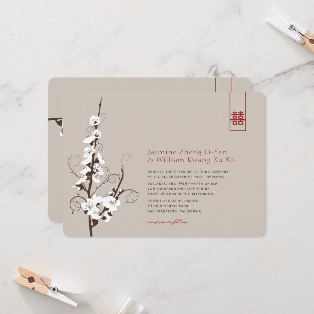 White Cherry Blossoms Sakura Swirls Asian Wedding Invitation (Front/Back In Situ)
