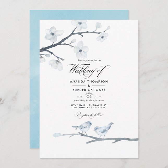 White Cherry Blossoms Wedding Photo Invitation (Front/Back)