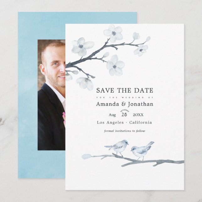 White Cherry Blossoms Wedding Photo Save The Date (Front/Back)