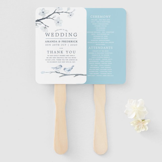 White Cherry Blossoms Wedding Program Hand Fan (Front and Back)