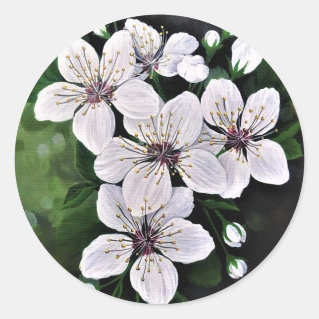 White Cherry Flowers Art In Acrylic Classic Round Sticker (Front)