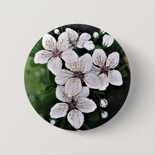 White Cherry Flowers In Acrylic 2 Inch Round Button (Front)