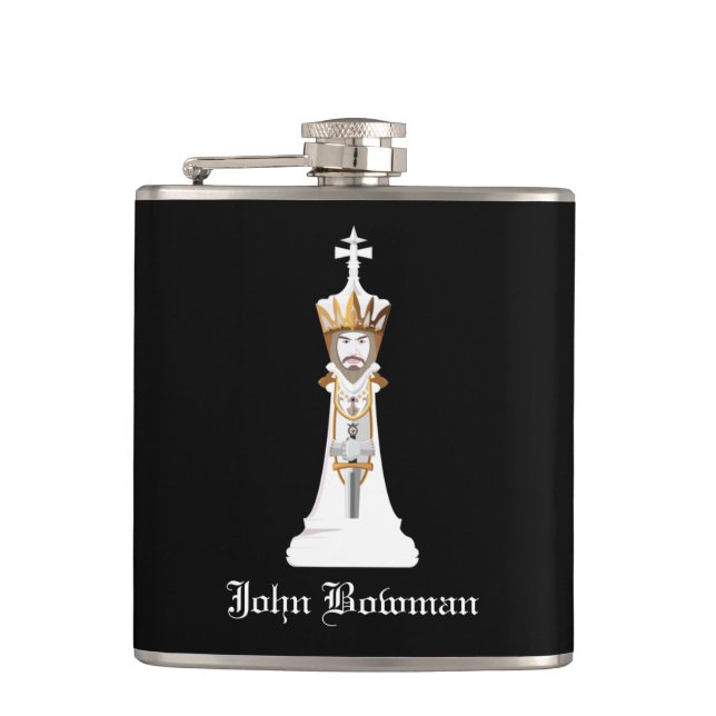 White Chess king / Personalized Name Hip Flask (Front)