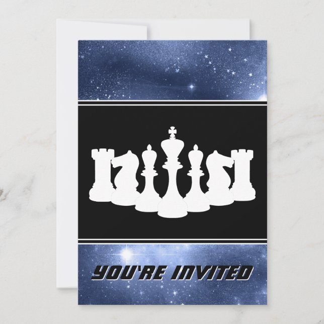 White Chess Pieces and Space Galaxy Birthday Invitation (Front)