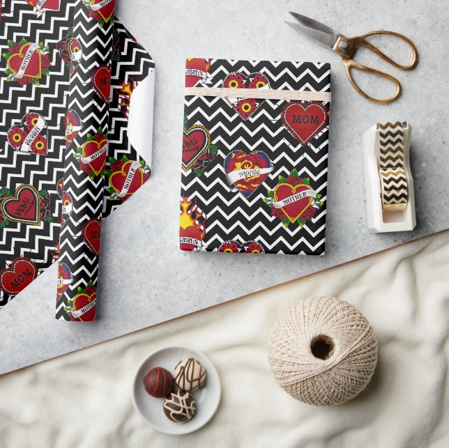White Chevron Mom Tattoo Wrapping Paper (Crafts)