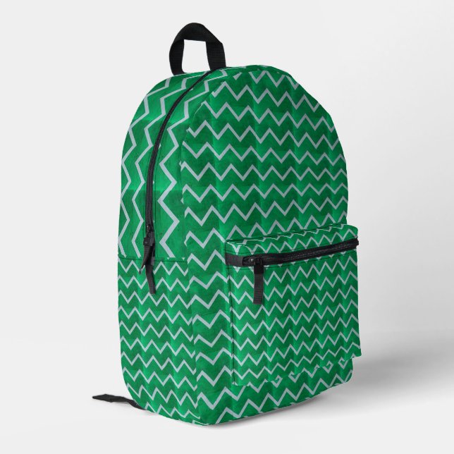 White chevron zigzag on textured green printed backpack (Back Corner Left)