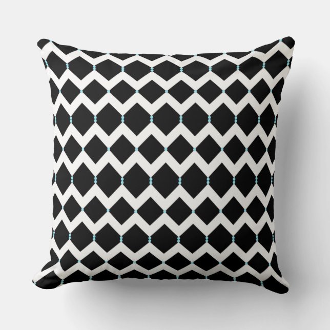 White Chevrons on Black with Blue Polka Dots Throw Pillow (Front)