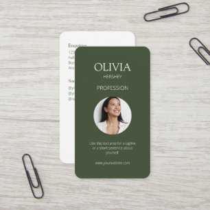 White / Chic Dark Sage Green Photo Social QR Code  Business Card