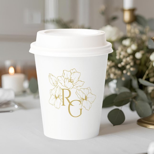 White | Chic Faux Gold Monogram Wedding  Paper Cups (Creator Uploaded)