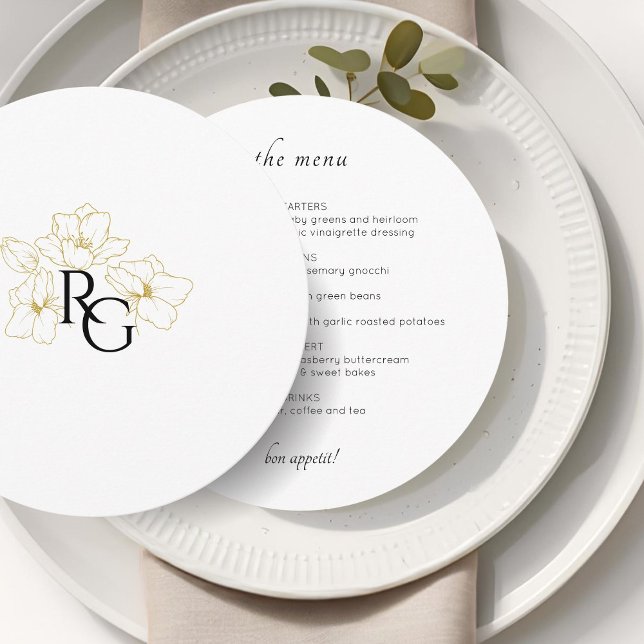 White | Chic Floral Monogram Wedding Flat Menu (Creator Uploaded)