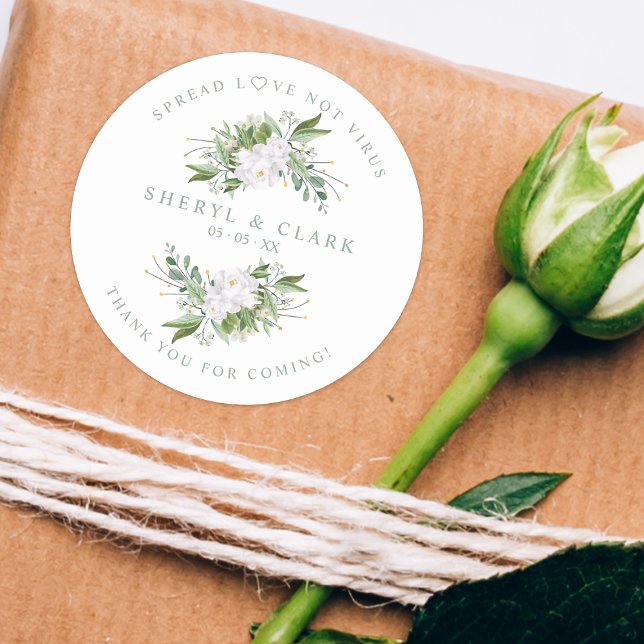White Chic Green Garland Wreath Wedding Sanitizer Classic Round Sticker (Creator Uploaded)