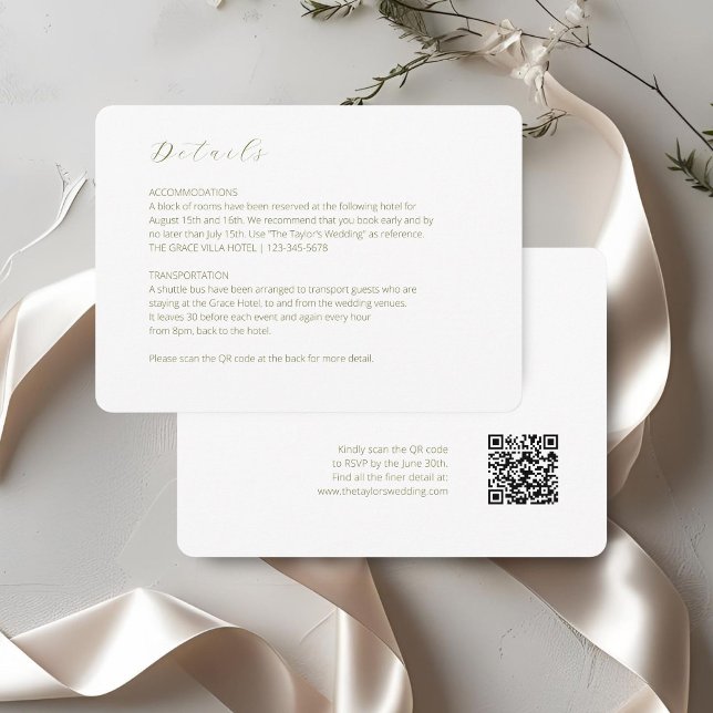 White | Chic Script Wedding Detail QR Code  Enclosure Card (Creator Uploaded)