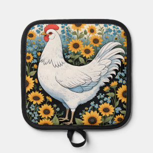 White Chicken and Sunflowers Pot Holder