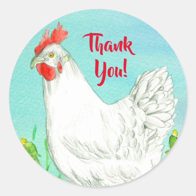 White Chicken Bird Thank You Classic Round Sticker (Front)