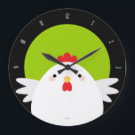 White Chicken on Green Wall Clock<br><div class="desc">Cute chicken themed wall clock. This design features a simple cartoon style chicken against a vibrant green background. A black border is used to display the clock numbers. Only the top numbers are visible as the chicken obscures the lower half of the clock face. Copyright © Lisa Marie Robinson. All...</div>