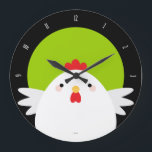 White Chicken on Green Wall Clock<br><div class="desc">Cute chicken themed wall clock. This design features a simple cartoon style chicken against a vibrant green background. A black border is used to display the clock numbers. Only the top numbers are visible as the chicken obscures the lower half of the clock face. Copyright © Lisa Marie Robinson. All...</div>