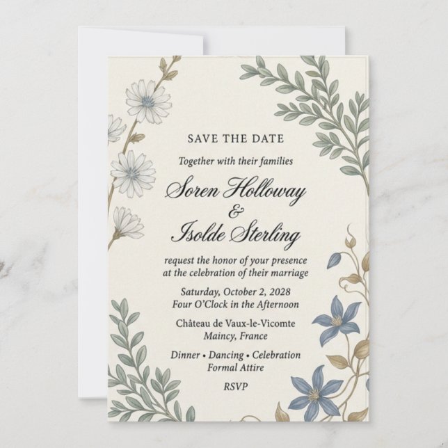 White Chicory, Blue Clematis, Botanical Foliage, F Invitation (Front)
