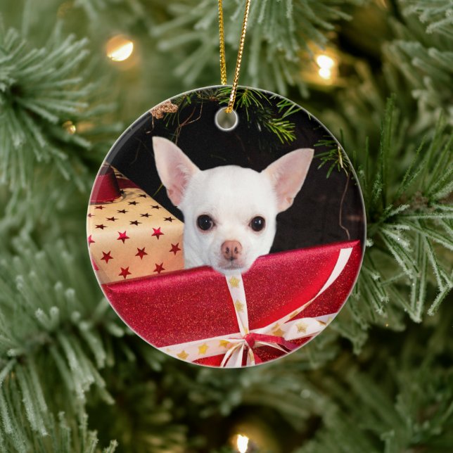 White Chihuahua Christmas Ceramic Ornament (Tree)