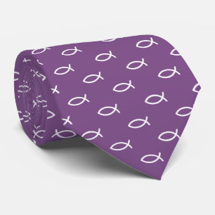 White Christian Fish Symbol Pattern   Purple Tie