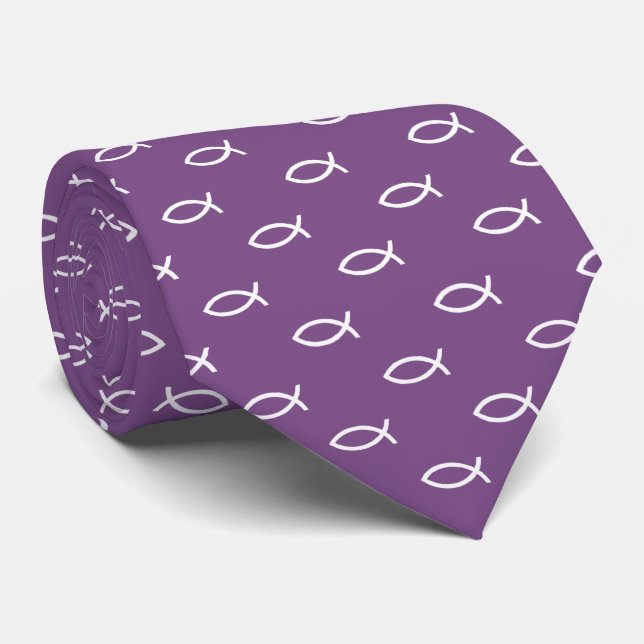 White Christian Fish Symbol Pattern | Purple Tie (Rolled)