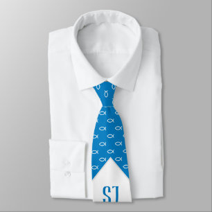 White Christian Fishes Initials Sky Blue Tie