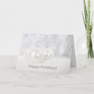 White Christmas Balls on Snow & White Background H Holiday Card