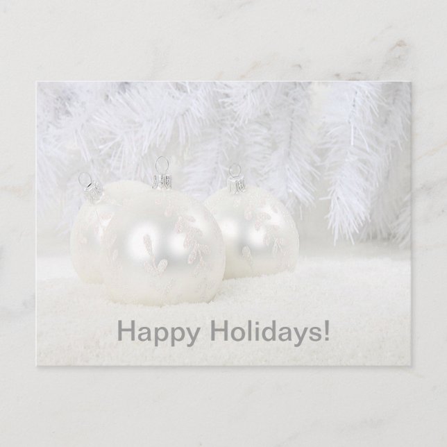 White Christmas Balls on Snow & White Background Holiday Postcard (Front)
