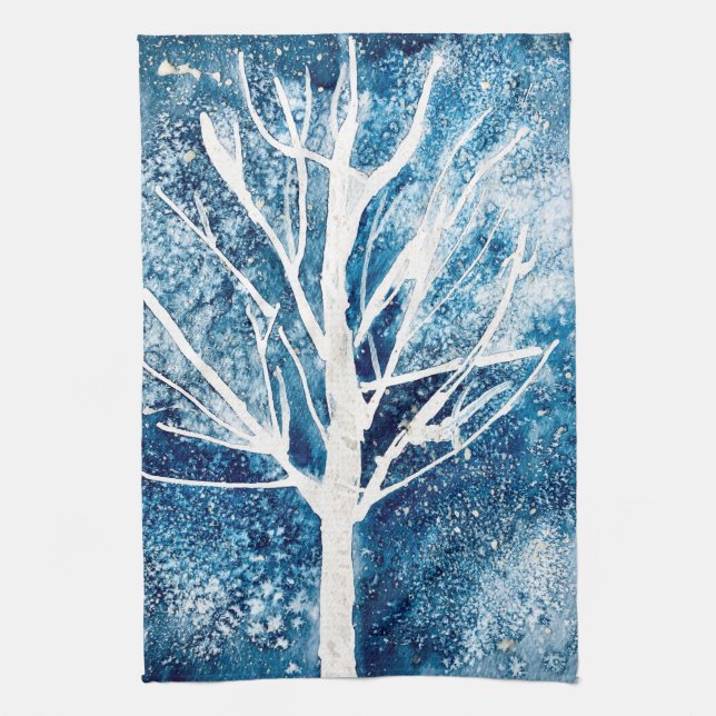 White Christmas birch tree snow Kitchen Towel (Vertical)