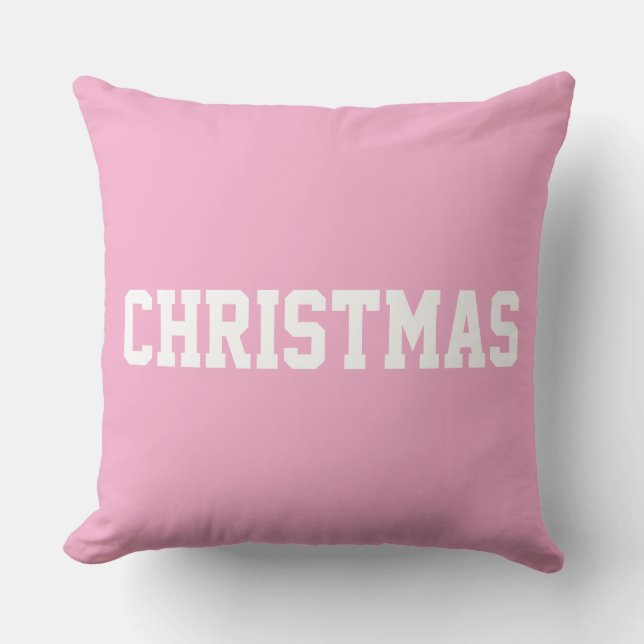 White CHRISTMAS Bold Text On Light Pretty Pink Throw Pillow (Front)