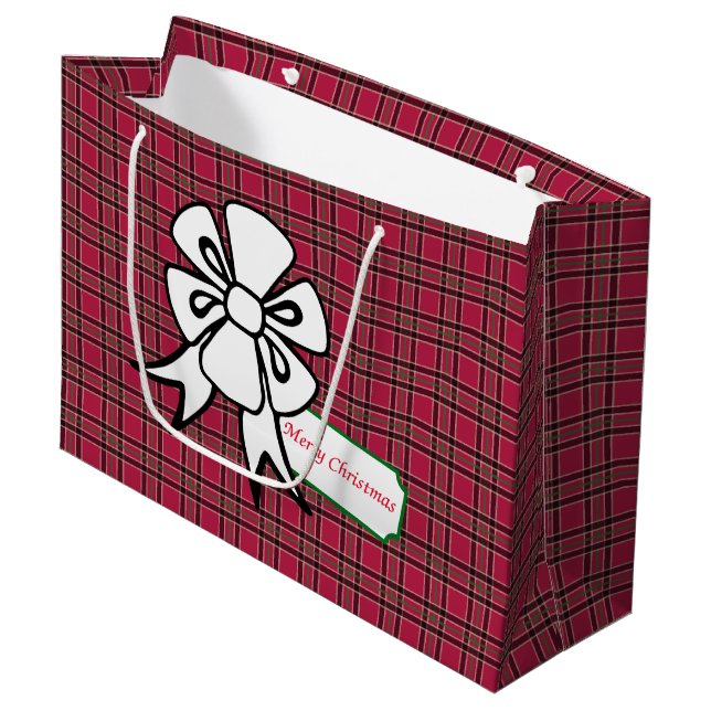 White Christmas Bow Red Plaid Holiday Gift Bag (Front Angled)