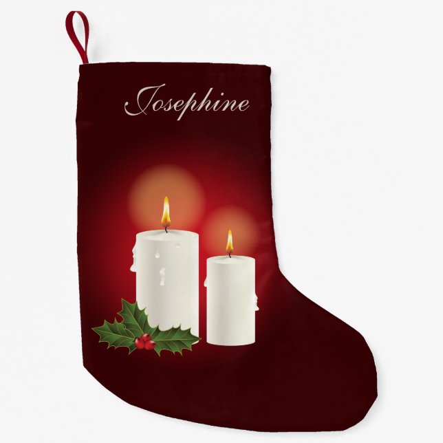 White Christmas Candles On Red With Custom Name Small Christmas Stocking (Front)
