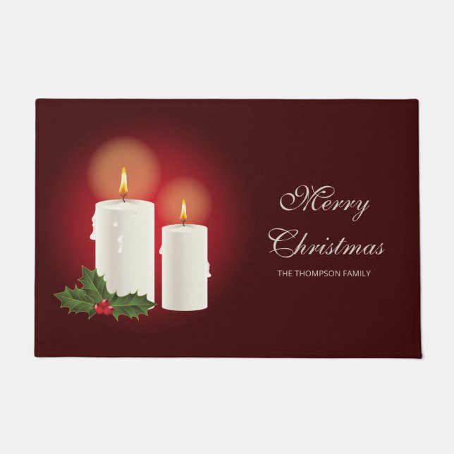White Christmas Candles On Red With Custom Text Doormat (Front)