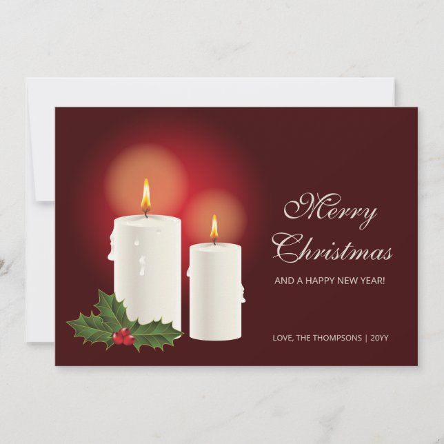White Christmas Candles On Red With Custom Text Holiday Card (Front)