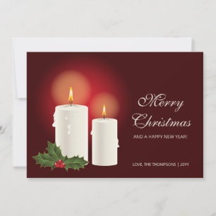 White Christmas Candles On Red With Custom Text Holiday Card