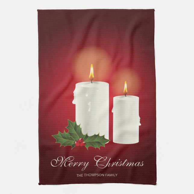 White Christmas Candles On Red With Custom Text Kitchen Towel (Vertical)