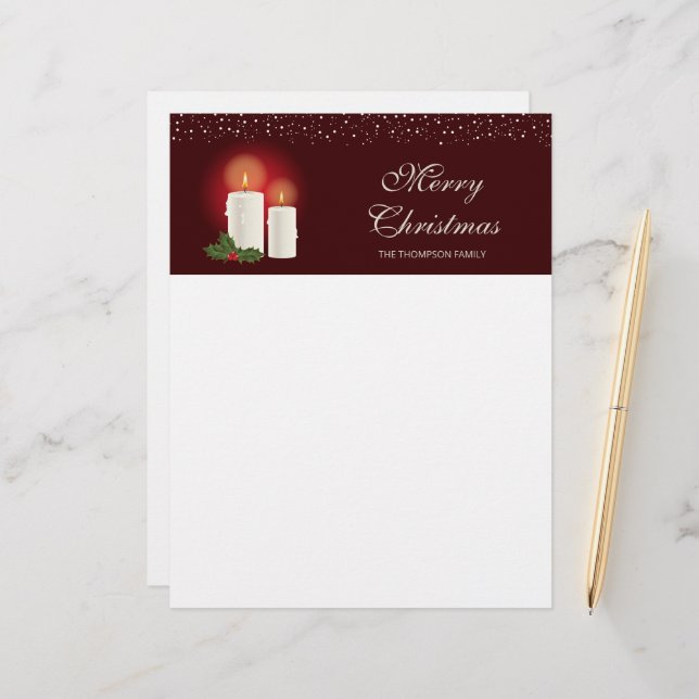 White Christmas Candles On Red With Custom Text Letterhead (Front/Back In Situ)