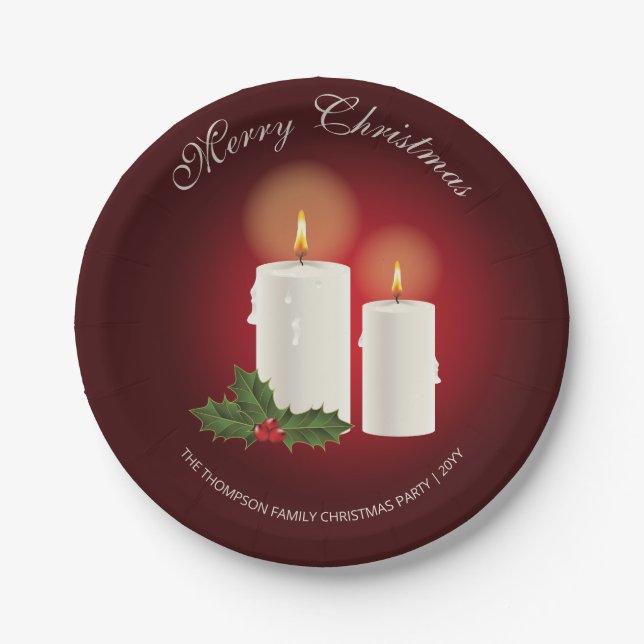 White Christmas Candles On Red With Custom Text Paper Plate (Front)