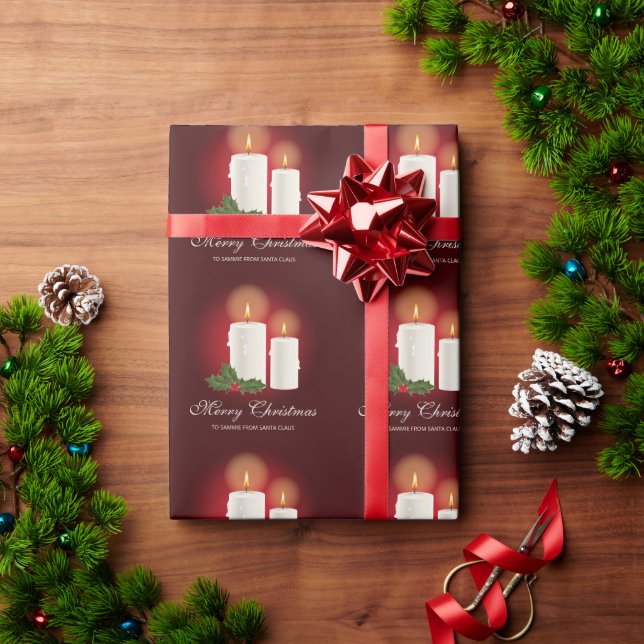 White Christmas Candles On Red With Custom Text Wrapping Paper (Holiday Gift)