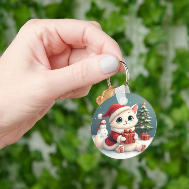 White Christmas Cat Button Keychain (Hand)