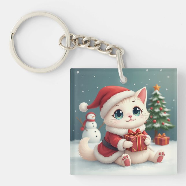 White Christmas Cat Button Keychain (Front)