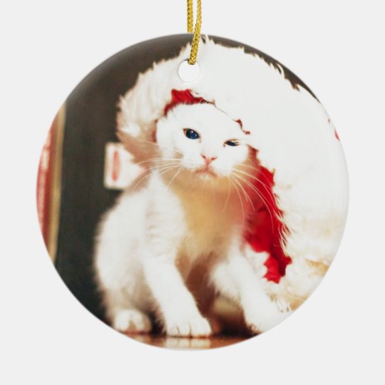 White Christmas Cat Ceramic Ornament