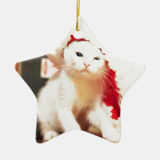 White Christmas Cat Ceramic Ornament