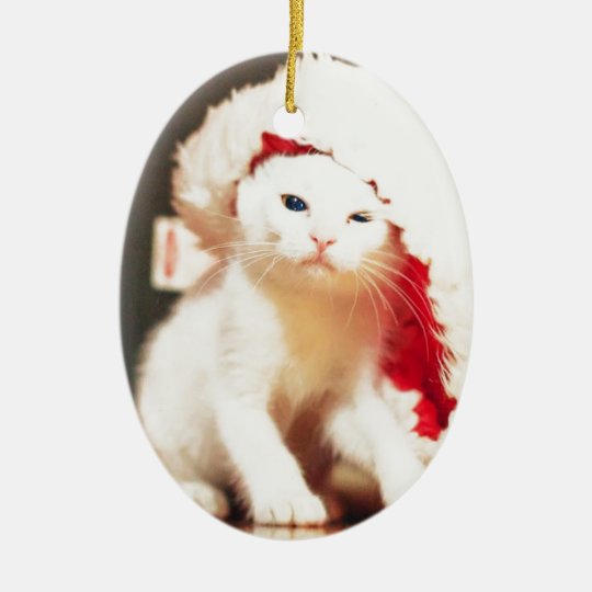White Christmas Cat Ceramic Ornament
